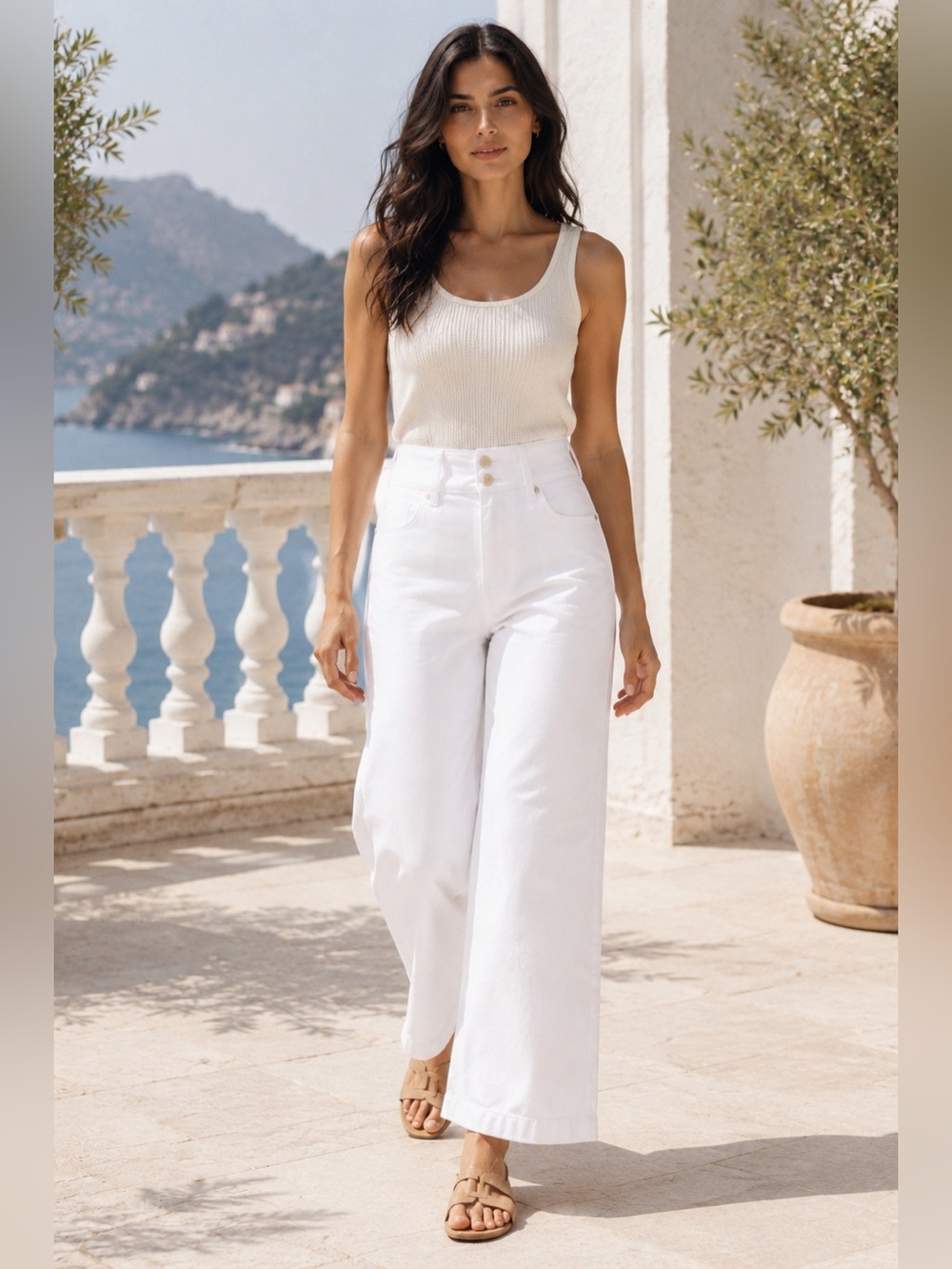 Marc Aurel White Sailor Waist Wide Leg Jeans Stretch Denim US 8